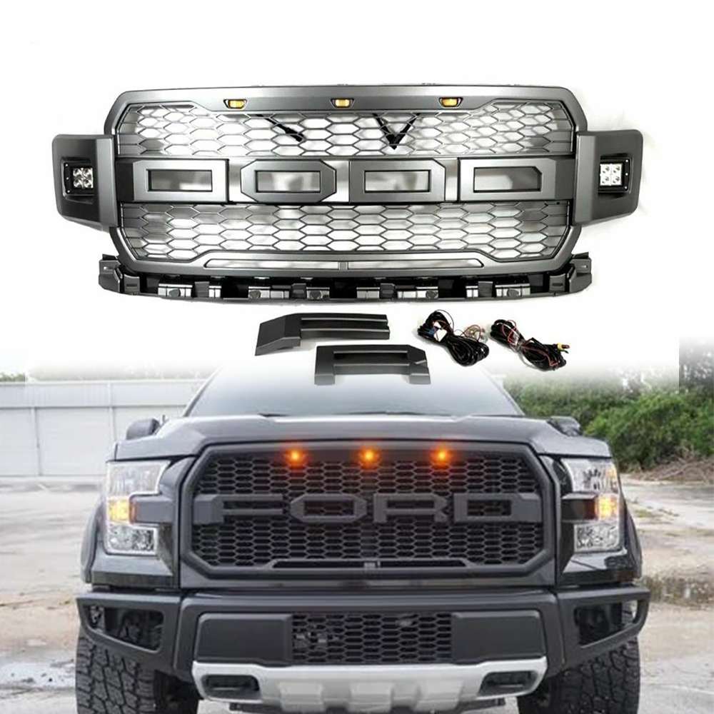 Front Grille Replacement with Amber LED Light Raptor Style Grill Kit Grille for F150 2015 2016 2017